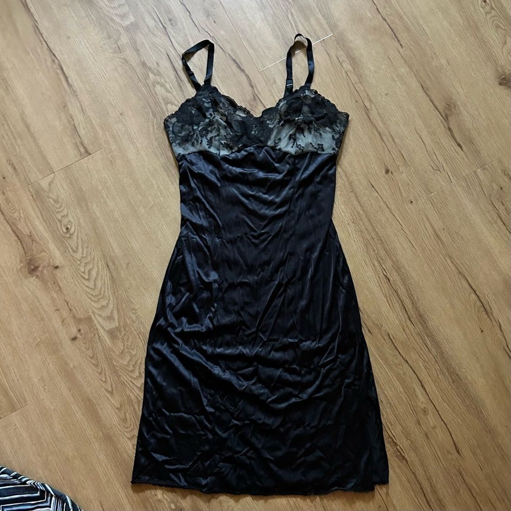 Vintage Black Nylon and Lace Slip Dress // 80s lingerie mini dress loungewear